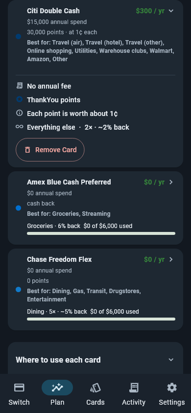 A card expanded in the Cardflare Plan tab, showing yearly value, annual spend, reward currency, what each point is worth, and the categories the card is best for.