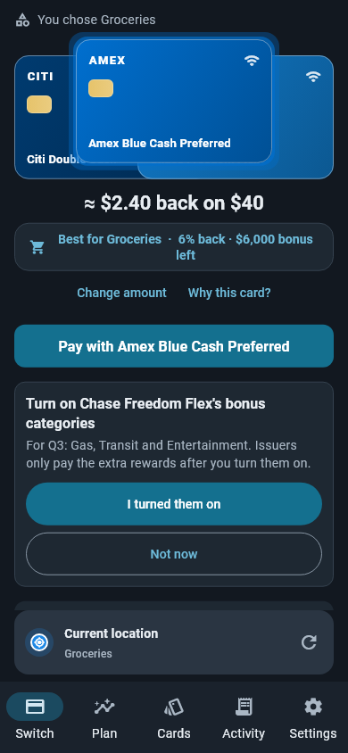 The Cardflare Switch tab with automatic store detection on, showing the detected store, the category it maps to, and the best card for it.