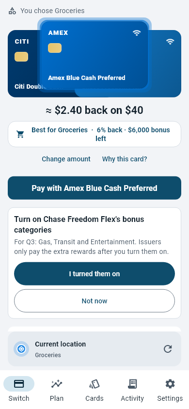 The Cardflare Switch tab with automatic store detection on, showing the detected store, the category it maps to, and the best card for it.